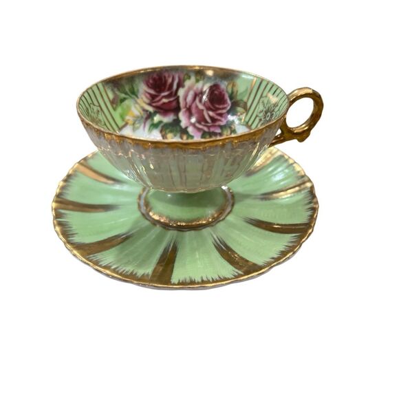 Vintage Royal Sealy Teacup & Saucer Mint Green Gold Iridescent Roses Japan Rare - Picture 7 of 16
